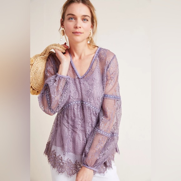 Anthropologie Tops - Anthropologie Bl-nk Alice Floral Lace Top Lilac Purple Peplum Boho Romantic S